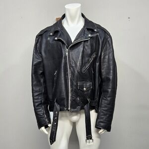 Vintage 70s Excelled Leather Biker Jacket 54T Distressed Black Moto Made In USA